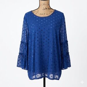 Lane Bryant NWT Blue Velvet Polka Dot Tiered Bell Sleeve Mesh Top sz. 26/28